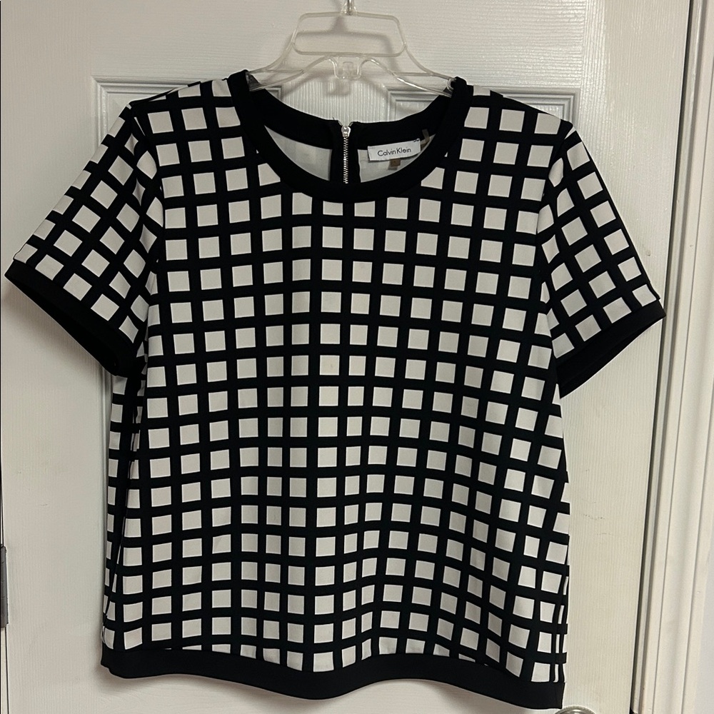 Calvin Klein Black and White Grid Short Sleeve Top
